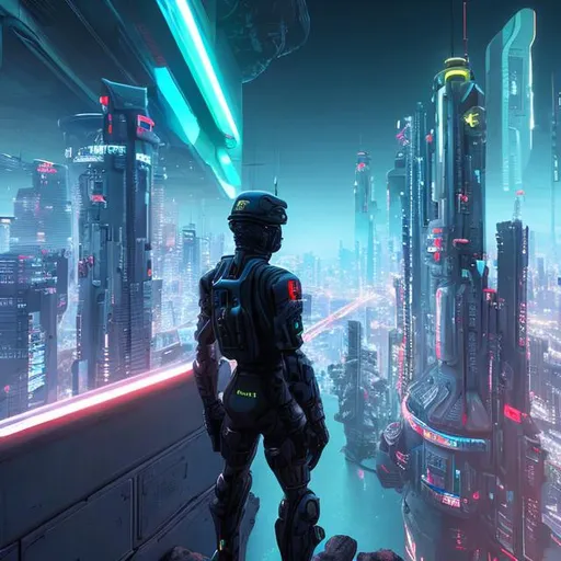 Prompt: A Futuristic soldier standing on the edge of a cliff looking out towards a massive neon city