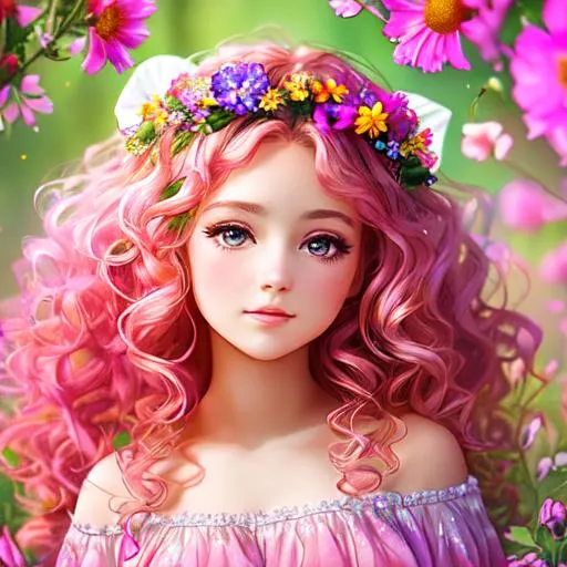 Prompt: a youngfairy goddess of spring, very curlsy hair, pink glow on cheeks,wildflowers, vivid colors, closeup