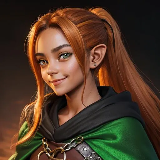 Prompt: oil painting, D&D fantasy, (23 years old) lightly tanned-skinned hobbit girl, (tiny petite body), ((beautiful detailed face and large eyes)), mischievous grin, long ponytail bright orange with highlights hair, short small pointed ears, mischievous grin looking at the viewer, wearing chain mail with a dark green cloak and casting a holy elemental spell #3238, UHD, hd , 8k eyes, detailed face, big anime dreamy eyes, 8k eyes, intricate details, insanely detailed, masterpiece, cinematic lighting, 8k, complementary colors, golden ratio, octane render, volumetric lighting, unreal 5, artwork, concept art, cover, top model, light on hair colorful glamourous hyperdetailed medieval city background, intricate hyperdetailed breathtaking colorful glamorous scenic view landscape, ultra-fine details, hyper-focused, deep colors, dramatic lighting, ambient lighting god rays, flowers, garden | by sakimi chan, artgerm, wlop, pixiv, tumblr, instagram, deviantart