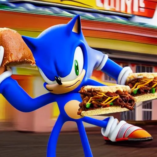 Prompt: sonic running on chili dogs with a dog and throwing chairs