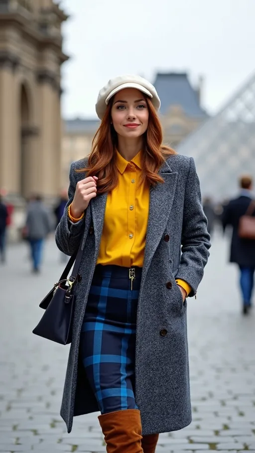 Prompt: (Stunning olive-skin French woman), walking on a (crisp winter day) in (Paris), with (The Louvre Pyramid) in the background, showcasing her elegant charm and beauty, warm friendly smile, (silky auburn-cinnamon hair), wearing a chic (white French beret), fashionable outfit with a (blue & yellow tweed coat), bright (yellow blouse), stylish (blue plaid above the knee skirt), and (tall brown suede boots), navy purse, featuring curvy figure, captured in (photorealistic 8k), emphasizing (high detail & quality). The ambiance is (charming) and (elegant).