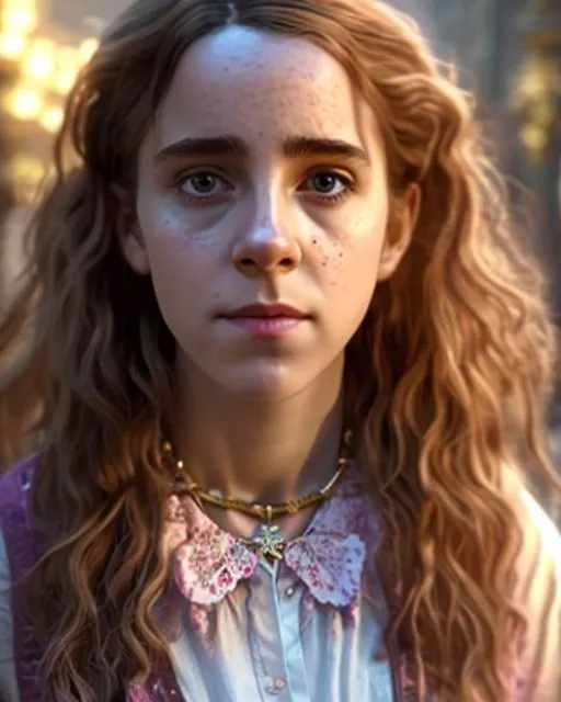 Prompt: Hermione Granger wearing a floral patterned blouse, a big candy necklace around her neck. ultra detailed, highly detailed scenario, photorealistic, intricate, masterpiece, UHD, HDR, symmetric, coherent, epic detail, stunning, beautiful, ,lumen render ,lumen path tracing ,path tracing light ,path tracing shadow ,path tracing special fx, 