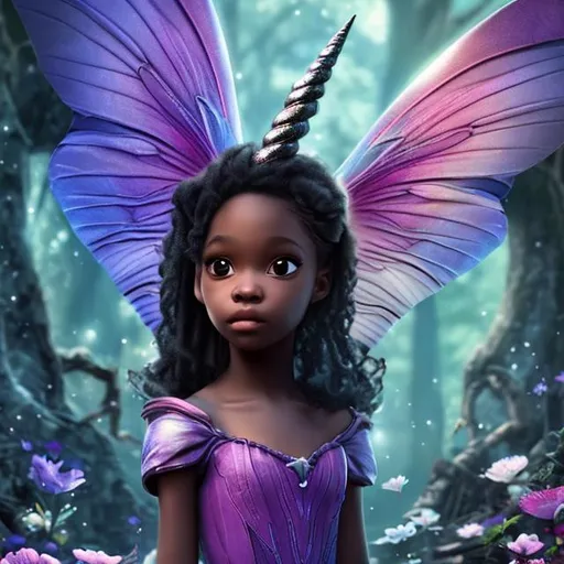 Prompt: Create fairy tale creatures with young Black girl features. Fairy colors. Fairies. Unicorns. Outside, daylight. Science fiction. 64k. UHD, HDR. ((Masterpiece))