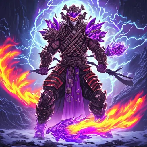 Prompt: sci-fi armoured ninja
 god in an electric aura holding a purple flaming sword riding a purple flame dragon in front of a snowy mountain with thunder