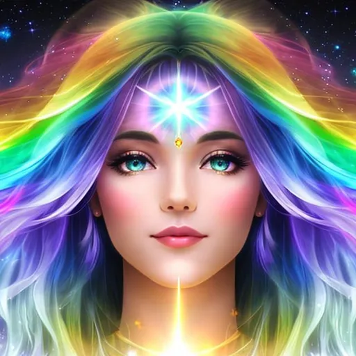 Prompt: Fairy goddess of light,etherial light,cosmic being,closeup,cosmic background,facial light,rainbow colors