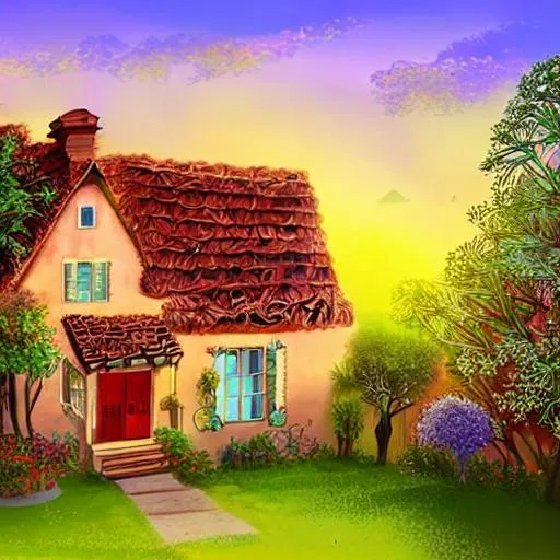 Prompt: a beautiful two story house in a beautiful village, illustrated, dawn, sunrise