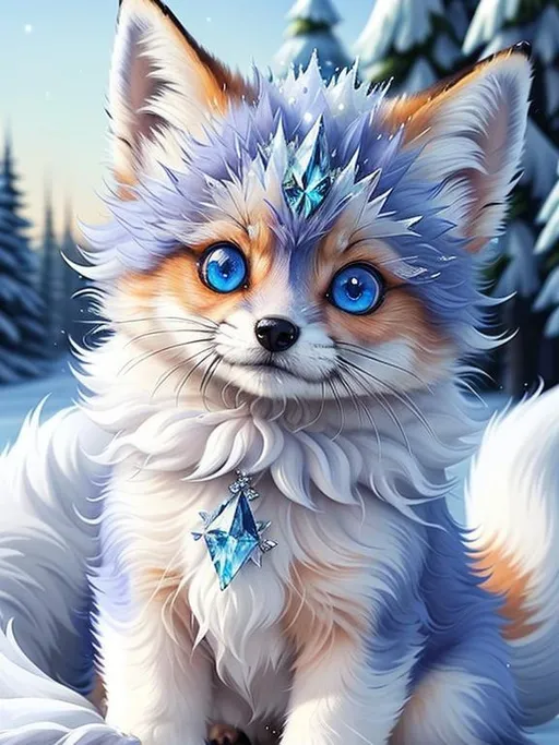 Prompt: (masterpiece, professional oil painting, epic digital art, best quality:1.5), insanely beautiful tiny ((fox kit)), (canine quadruped), ice elemental, silky silver-blue fur covered in frost, timid, ((insanely detailed alert crystal blue eyes, sharp focus eyes)), gorgeous 8k eyes, fluffy silver neck ruff covered in frost, two tails, (plump), fluffy chest, enchanted, magical, finely detailed fur, hyper detailed fur, (soft silky insanely detailed fur), presenting magical jewel, moonlight beaming through clouds, lying in frosted meadow, grassy field covered in frost, cool colors, professional, symmetric, golden ratio, unreal engine, depth, volumetric lighting, rich oil medium, (brilliant auroras), (ice storm), full body focus, beautifully detailed background, cinematic, 64K, UHD, intricate detail, high quality, high detail, masterpiece, intricate facial detail, high quality, detailed face, intricate quality, intricate eye detail, highly detailed, high resolution scan, intricate detailed, highly detailed face, very detailed, high resolution