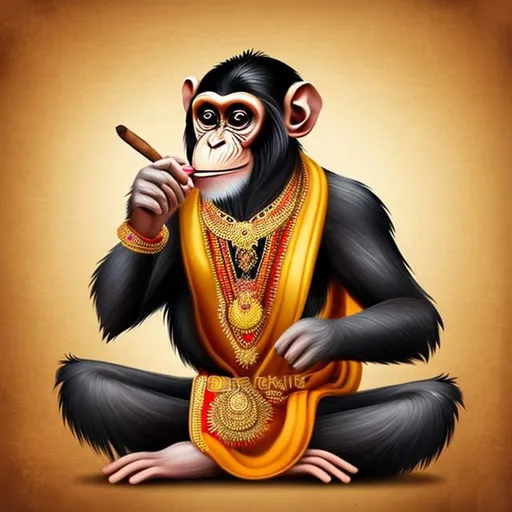 Prompt:  monkey in indian traditional clothes smoking cigar
