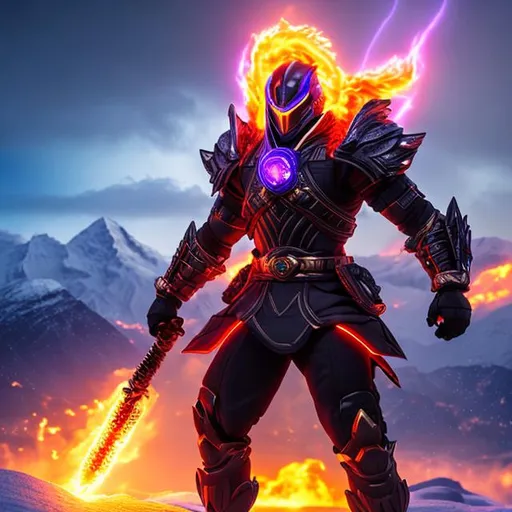 Prompt: sci-fi armoured ninja
 god in an electric aura yeilding a purple flaming sword in front of a snowy mountain with thunder