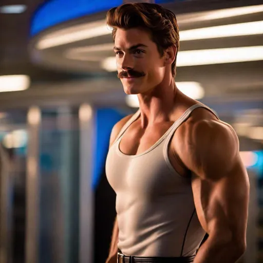 Prompt: A handsome, attractive, tan, and very muscular, Peter Parker with a mustache, wearing black pants, defined musculature. High quality, bright lighting, defined musculature, Smiling. 