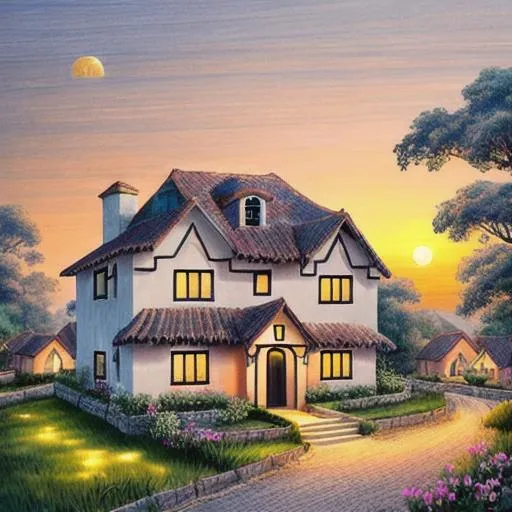 Prompt: a beautiful two story house in a beautiful village, illustrated, dawn, sunrise, good brightness