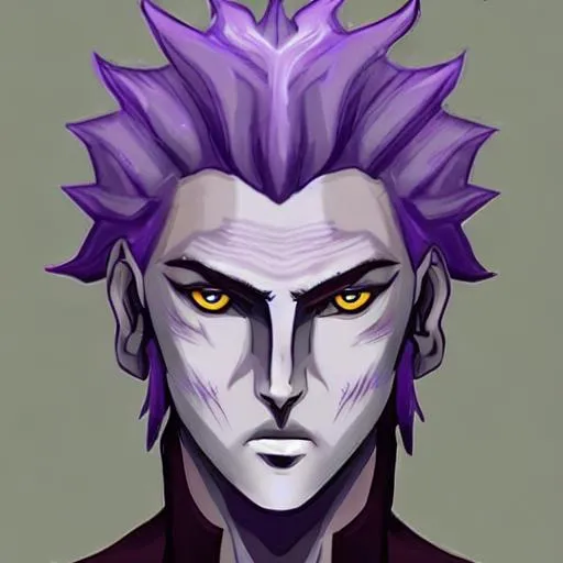 Prompt: a male earth genasi with grey skin with short messy hair and bright purple eyes