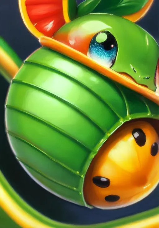 Prompt: UHD, , 8k,  oil painting, Anime,  Very detailed, zoomed out view of character, HD, High Quality, Anime, , Pokemon, Caterpie is an cute small caterpillar insect Pokémon that resembles a green caterpillar with a yellow underside and teardrop-shaped tail and large black eyes outlined with yellow. There are yellow ring-shaped markings down the sides of its segmented body, which resemble its eyes and are meant to scare off predators. Its most notable characteristic is the bright red antenna (osmeterium) on its head, which releases a stench to repel predators. Despite these features and its camouflage in green foliage, Caterpie is often preyed upon by Flying-type Pokémon. Its four tiny feet are tipped with suction cups, permitting this Pokémon to scale most surfaces with minimal effort.

Caterpie is easy to capture and grows quickly, making it ideal for new Trainers. As Caterpie grows and develops over time, it will shed its skin many times before finally cocooning itself in thick silk. It can also spit this silk in order to entangle foes as seen in the anime. It has a voracious appetite, which drives it to eat a hundred leaves a day. It will even eat leaves bigger than itself. According to Pokémon Adventures, its favorite food is the Vermilion flower. Caterpie lives in temperate forests and jungles.

Pokémon by Frank Frazetta