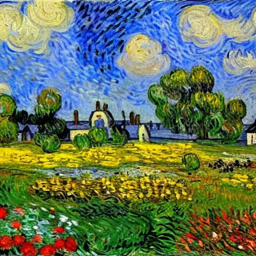 Prompt: Country side in the style of monet and van gogh with flowers and sky
