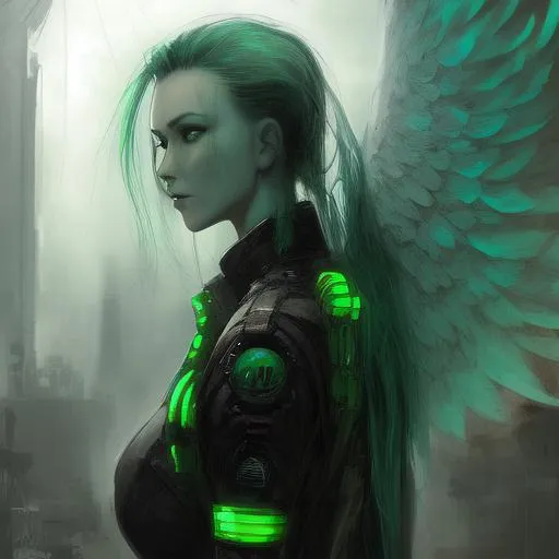 Prompt: Beautiful female angel of death, radiation, Chernobyl, green, gothic, stalker, tattoos, cyberpunk, mech, red fire