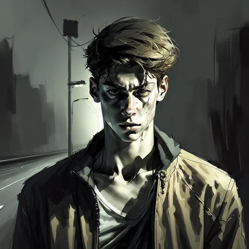 Prompt: please produce a concept art in comic style of a (((young man))) lost on (((a highway))) at night, the young man's face expresses fear, anatomically correct, accurate Anatomy, ultra fine details, gloomy, dreadful, sharp focus, UHD, 8k