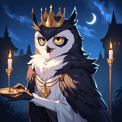 Prompt: Attractive man. Twink. Owl Features. Black feathers. Fluffy. Night sky. Crown