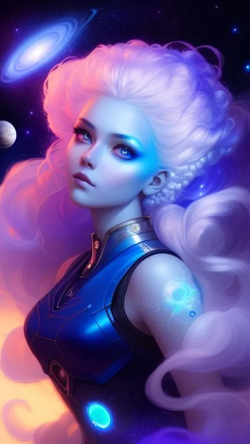 Prompt: beautiful cool girl with cosmic hairstyle. Her Hair is made of white puff glowing clouds in a updo held by glowing shooting stars, planets and the moon. dramatic lighting coming from the planets, aesthetic, inspiring, creative, hyperdetailed, rim lighting, art by artgerm , Peter mohrbacher, Greg rutkowaski, Tom Bagshaw, WLOP, digital art, smooth, aesthetic, glow, shimmer