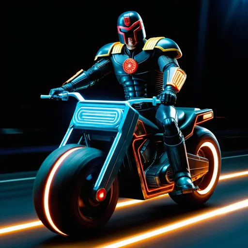 Prompt: Judge Dredd riding a tron light cycle