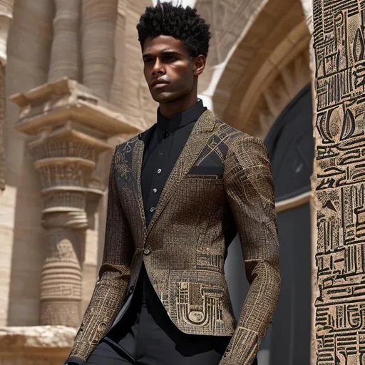 Prompt: Ablack men's suit filled with pharaonic writing blending with a modern cut 