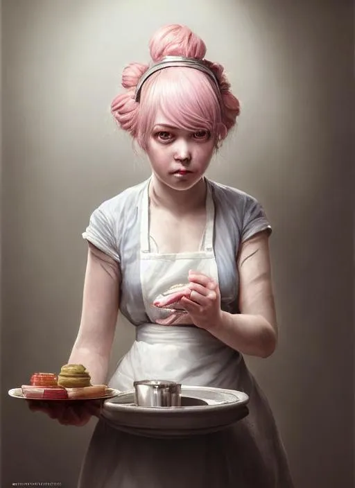 Prompt: Portrait of kitchen maid with light pink hair and with cute face, kitchen, perfect composition, hyperrealistic, super detailed, 8k, high quality, trending art, trending on artstation, sharp focus, studio photo, intricate details, highly detailed, by greg rutkowski, young, feminine scared 