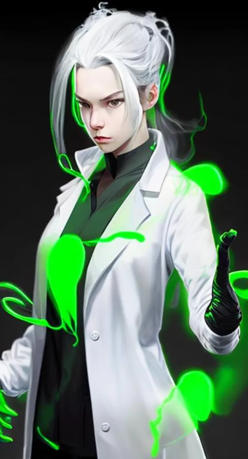 Prompt: black shirt, white labcoat, female, long grey and green glowing hair, wearing white gloves, concept art