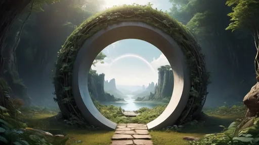 Prompt: circular portal, gateway between worlds, gateway leading to a different biome, ring, ring standing on edge, freestanding ring, complete ring, panoramic view