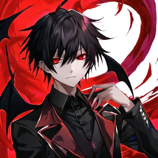 Prompt: Damien  (male, short black hair, red eyes) demon form
