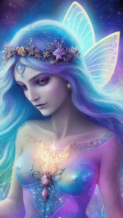 Prompt: cosmic,etherial, fairy, goddess of light ,closeup