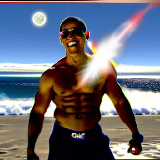 Prompt: president Barack Obama punching god. Obama is a  giga chad without a shirt looking good with amazing muscles and a big grin and full body zoomed out and punching god 



