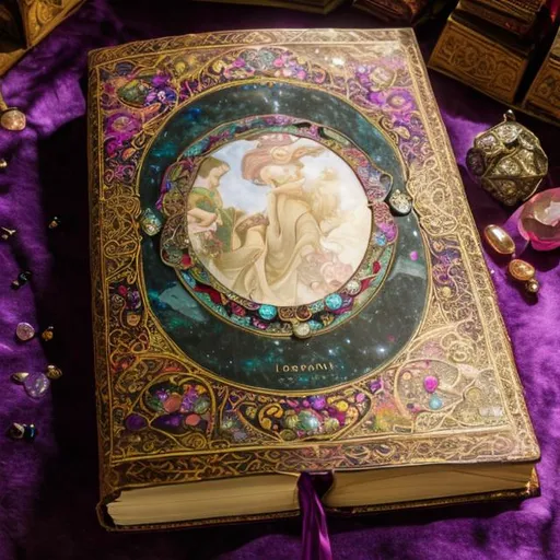 Prompt: A giant magic book with a cover decorated with gems and ivory, lying on a table in a library

