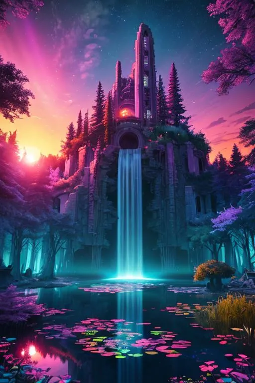 Prompt: A colorful forest of secrets with a galactic pond with retrowave ruins in the background, 64k, highest resolution, vivid colors, best detail, highest detail, sunset, highest possible detail, unreal engine,