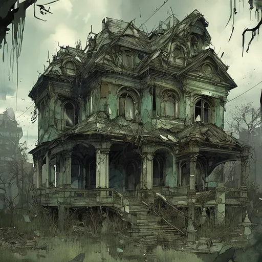 Prompt: prop design of a decaying house by demizu posuka