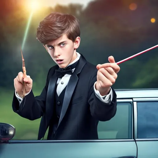 Prompt: Attractive 16 year old boy in a tuxedo driving a car angry and waving his magic wand at a bad driver from out of his window. He is getting ready point his wand and cast a spell on the driver. Sparkling magic is starting to form on the tip of his magic wand.