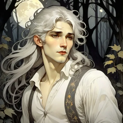 Prompt: A creature is standing in the dark forest, in the moonlight. He looks like a handsome, young man, but he has [very pale skin], [glowing yellow eyes], [extremely long, straight, grey hair], [black lips] and [white, pointed fangs]. He is wearing a white peasant shirt.