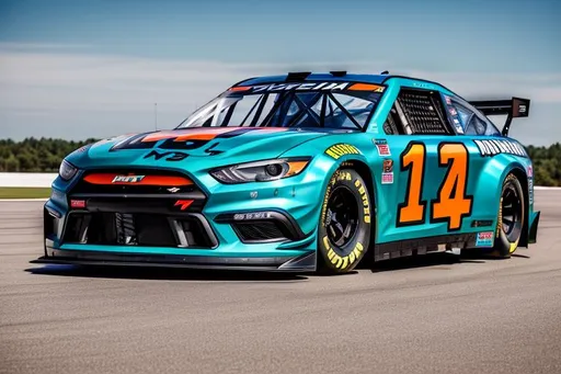 Prompt: Next Gen Nascar stock car, spoiler on trunk, blue and orange color scheme