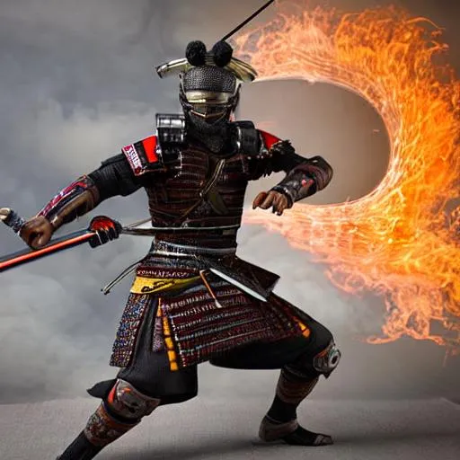 Prompt: UHD, 8K, Ultra photorealistic, of a samurai, during a battle, with fury in his heart, and rage streaming through his body, has extremely detailed traditional japanese samurai armour, and is holding a photorealistic katana with the fire reflecting off of the katana, zoomed out to show full body.