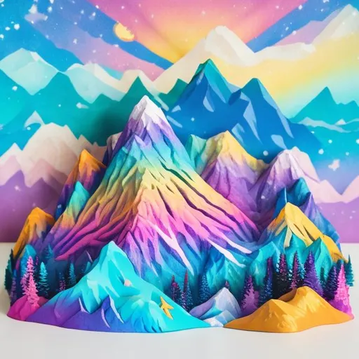 Prompt: Lisa frank style snowy mountain diorama 