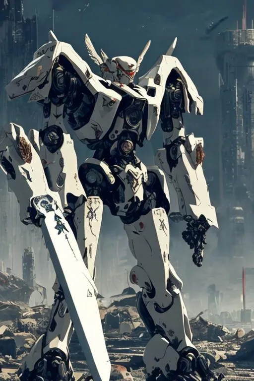 Prompt: A white mecha with sleek but complex armour design holding a long sword and floating weapons surrounding it with a ruined city as background