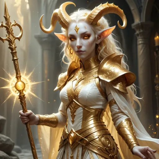 Prompt: Female tiefling cleric, ethereal charm, white skin, adorned in majestic gold clothes that shimmer with divine grace, holding a striking gold staff with intricate designs, surrounded by a mystical, celestial aura, soft light illuminating the scene, ethereal atmosphere, HD quality, fantasy realm backdrop with arcane symbols fading into the background.