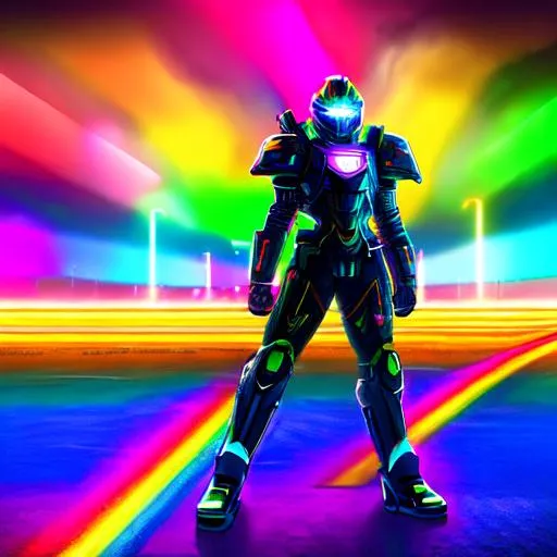 Prompt: Rainbow warrior, heroic, battle scarred, male, colorful, neon lights