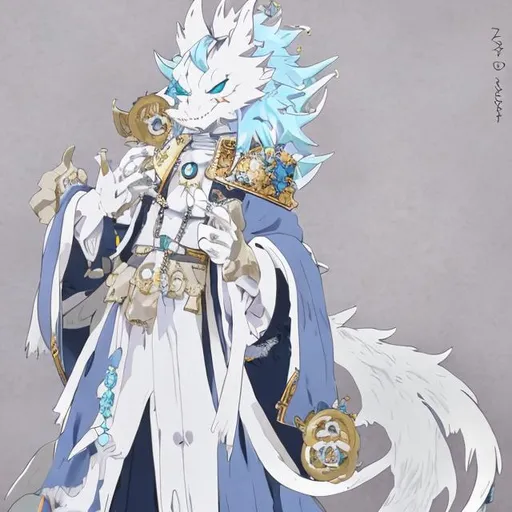 Prompt: Beast white dragon, no human-like, he have white skin, blue hair and cyan eyes, he wear a dark grey umanori and dark blue kimono, on his 2 horns wear a golden ring on each, his tail is long and have blue fur on it. No human. Stand by 2 legs and 2 hands