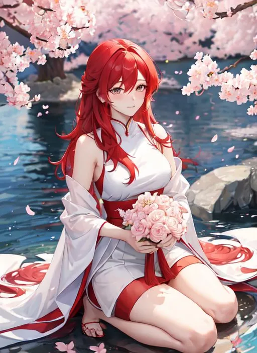 Prompt: Zerif 1male (Red side-swept hair covering his right eye) 8K, UHD, best quality, under the cherryblossom trees, wearing a casual outfit, red hair, on one knee proposing, holding a bouquet of flowers, blushing, looking away nervously