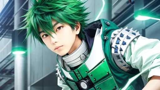 Prompt: A japanese boy, green spiky hair, green eyes, wear a green jumpsuit with white sleeves, metal plates on the shoulders and a mask hanging from the neck