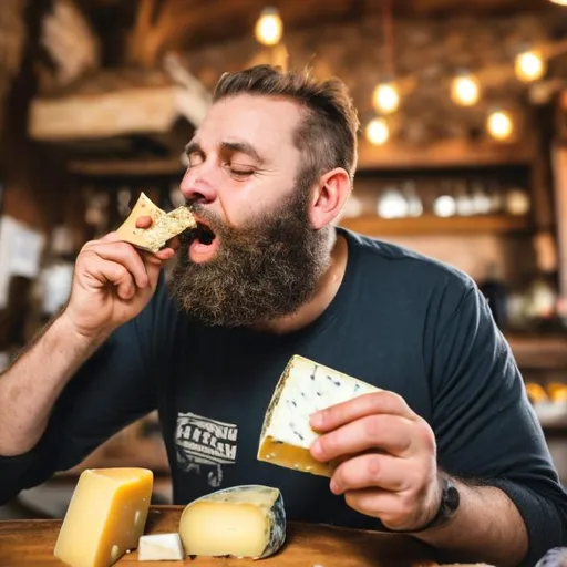 Prompt: A bearded man eating cheese