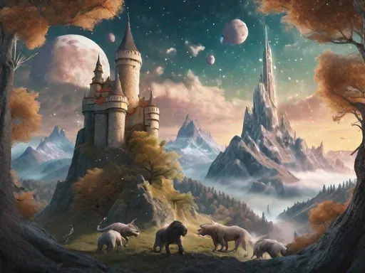 Prompt: hyperrealistic fantasy landscape with trees, mountains and beasts in the air, magic crackles from a wizards tower, lit by twin moons