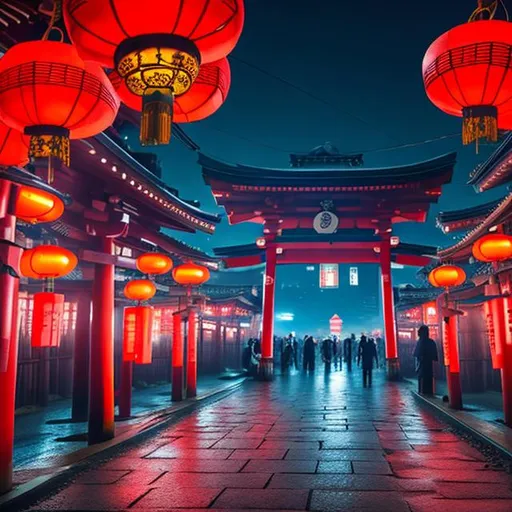 Prompt: A breath taking view of a Shinto shrine with red lanterns in the middle of cyberpunk city (oil painting) (hyper realistic) 8k