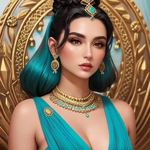 Prompt: an extremely gorgeous woman,  with dark hair in top knots, turquoise and gold jewels
