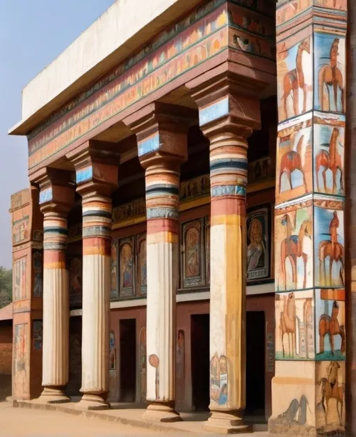 Prompt: a building with many different paintings on it's side wall and columns with a horse and rider on it, Afewerk Tekle, bengal school of art, highly intricate, egyptian art