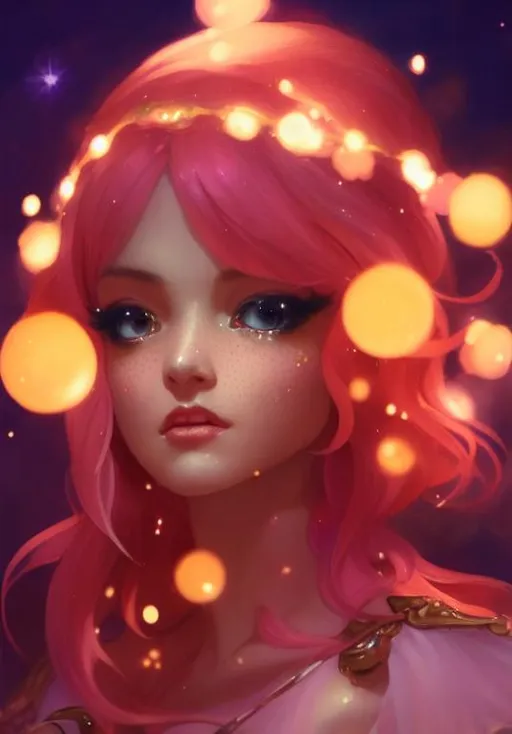 Prompt: glowing, shimmer, fantasy, mage, close up portrait of cute peach princess character, well lit, atmospheric,  character design, gold freckles, highly detailed, fantasy character illustration, portrait, beautifully lit, ethereal, bleak, art by stanley artgerm, peter mohrbacher, Brian Froud, rossdraws, guweiz and wlop and ilya kuvshinov and artgerm and makoto shinkai and studio ghibli. art by Stanley Artgerm, Charlie Bowater, painting by daniel f gerhartz, art by Andrew Atroshenko, orange, yellow and black, long wavy hair,pink sun flowers poppies, dramatic makeup, highly detailed girl by artgerm and Edouard Bisson, highly detailed oil painting, portrait of a beautiful person, art by Stanley Artgerm, Charlie Bowater, Atey Ghailan and Mike Mignola,